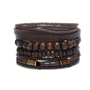 4pcs Trendy Mens Retro Cowhide & Wooden Bracelet Set